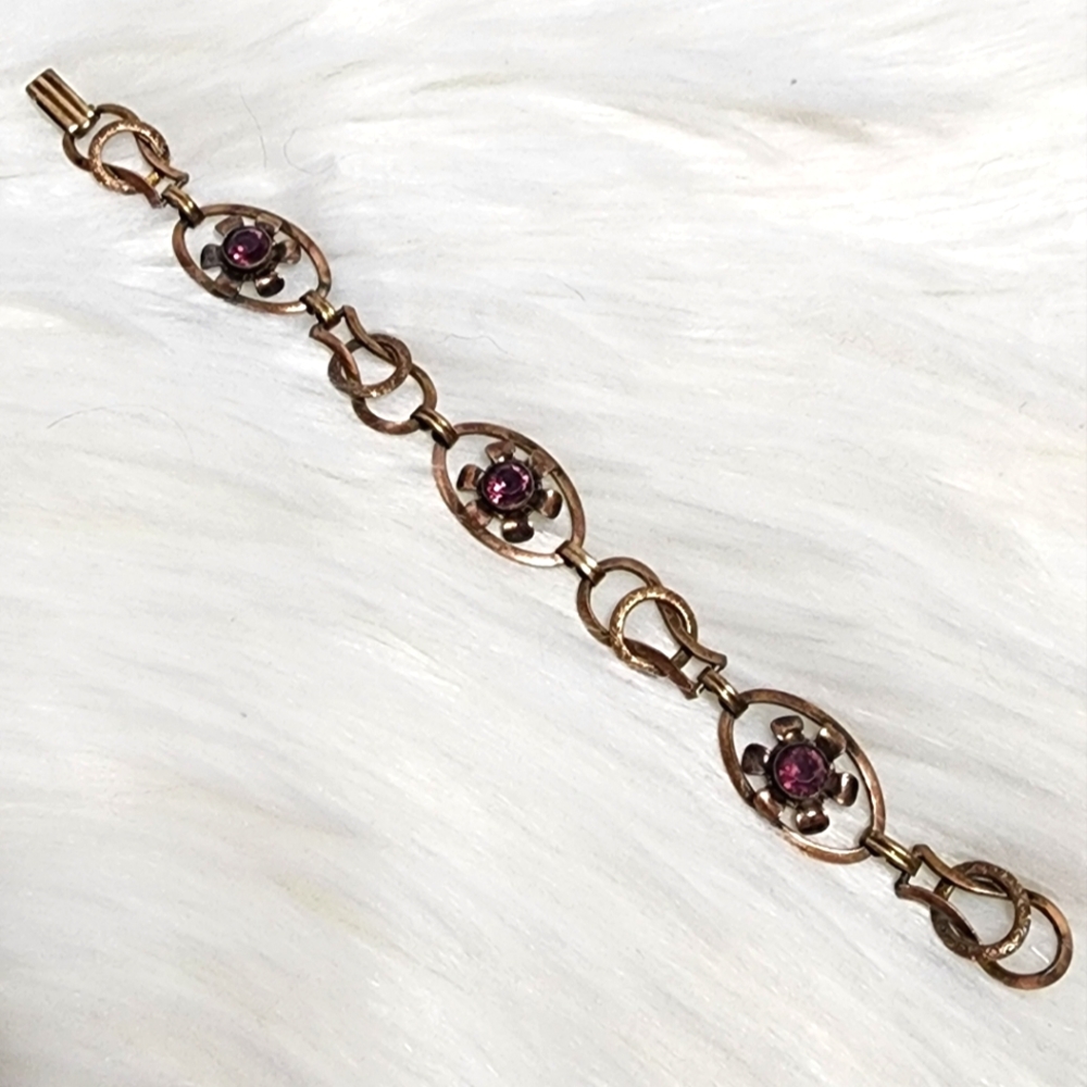 Vintage VAN DELL 12K Gold Filled On Sterling Silver Purple Rhinestone Bracelet